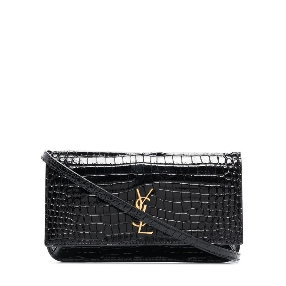 YSL SAINT LAURENT CASSANDRE PHONE HOLDER W/ STRAP IN CROCODILE-EMBOSSED LEATHER - Picture 11 of 16